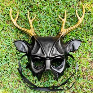 Black Devil Animal Face Mask with Gold Deer Horn Halloween Masquerade Party Mask